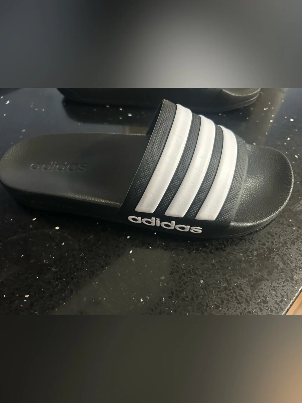 Adidas Black Slides with White Three-Stripes Size 8 EUC